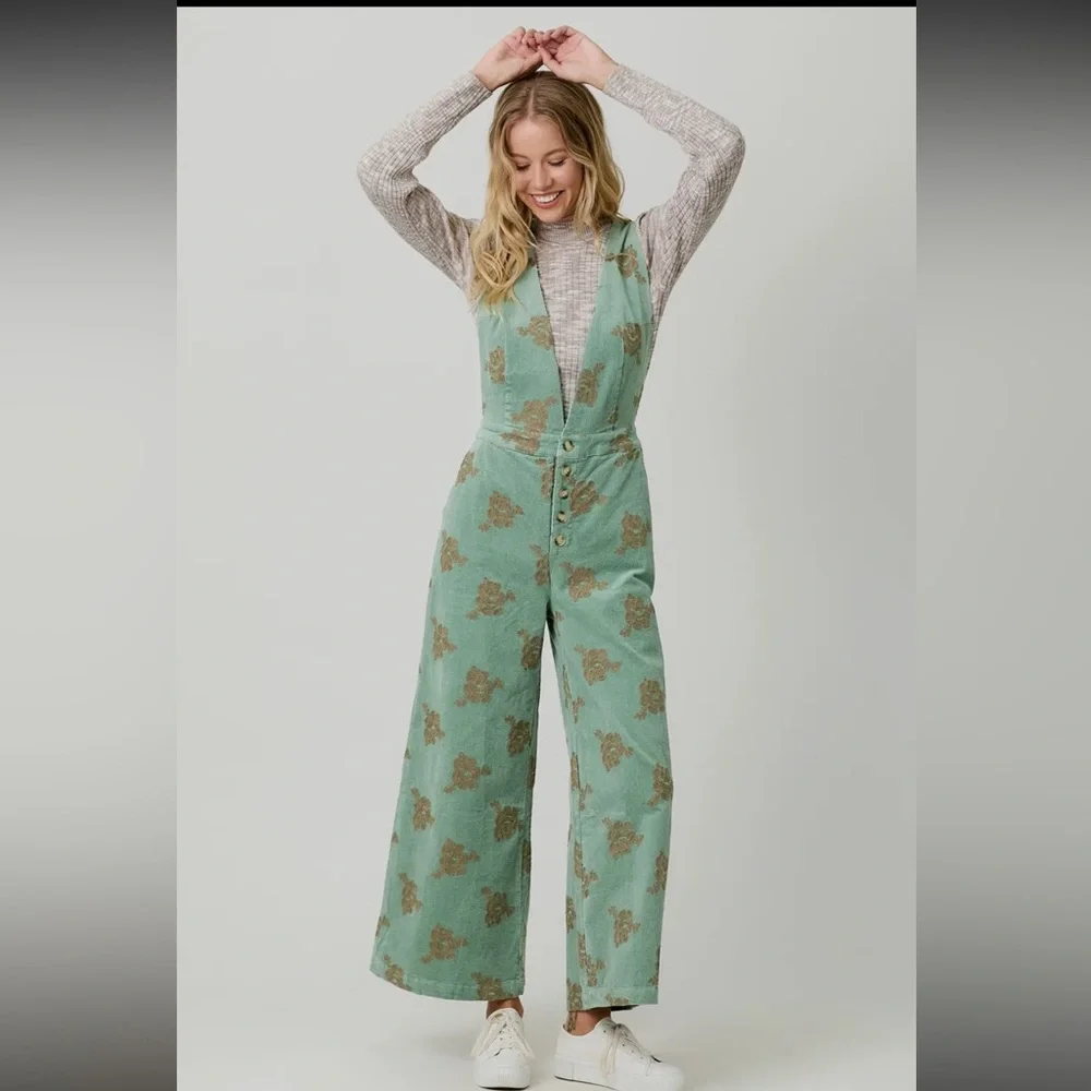 Seaforam green Christmas holiday embroidered flare wide leg jumpsuit overalls - Picture 2 of 9